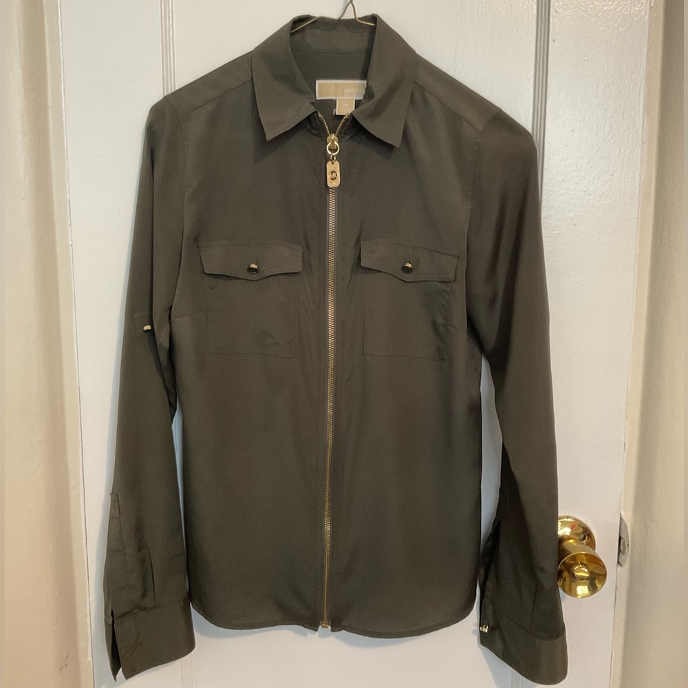 Michael Kors XS Women's Long Sleeve Blouse Solid Olive Green Zipper